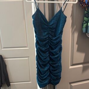 Lulu's Sparkling Teal Ruched Mini Dress